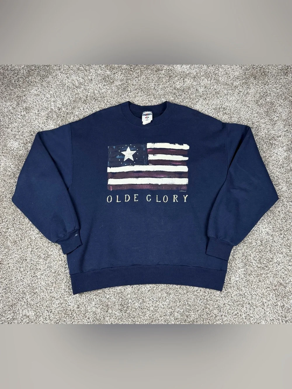 Vintage 90s Sz Large Men’s Jerzees Olde Glory USA American Flag Crewneck Blue